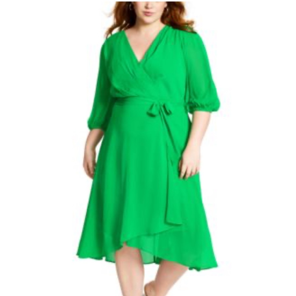 DKNY Green Wrap Dress with Ruffled Tiered Design
